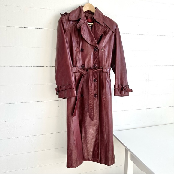 Vintage Leather Trench Coat Eitenne Aigner Burgundy Long Jacket 10 - Picture 2 of 16